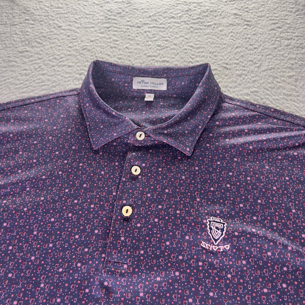 Peter Millar Polo Shirt Men XL Blue Purple Drinks AOP Performance Summer Comfort